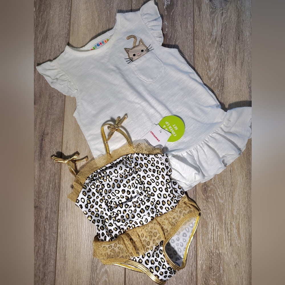 Wippete baby's white, black and gold one piece swimsuit and cover up 18 M